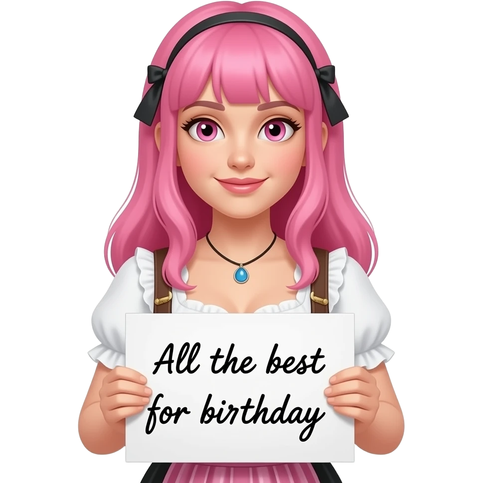 sexy girl with long pink hair and pink eyes wearing a dirndl holding a ALLES GUTE ZUM GEBURTSTAG sign emoji