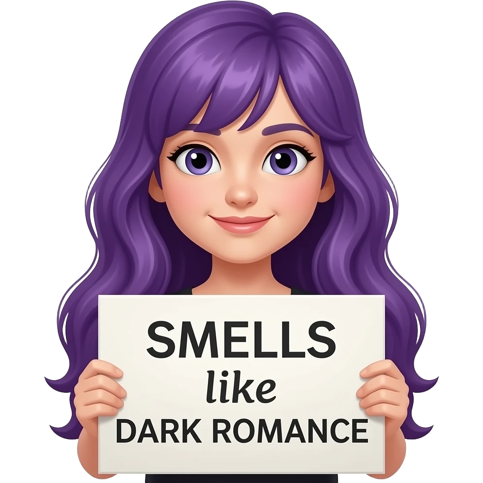 girl with long purple hair holding a SMELLS like DARK ROMANCE sign emoji
