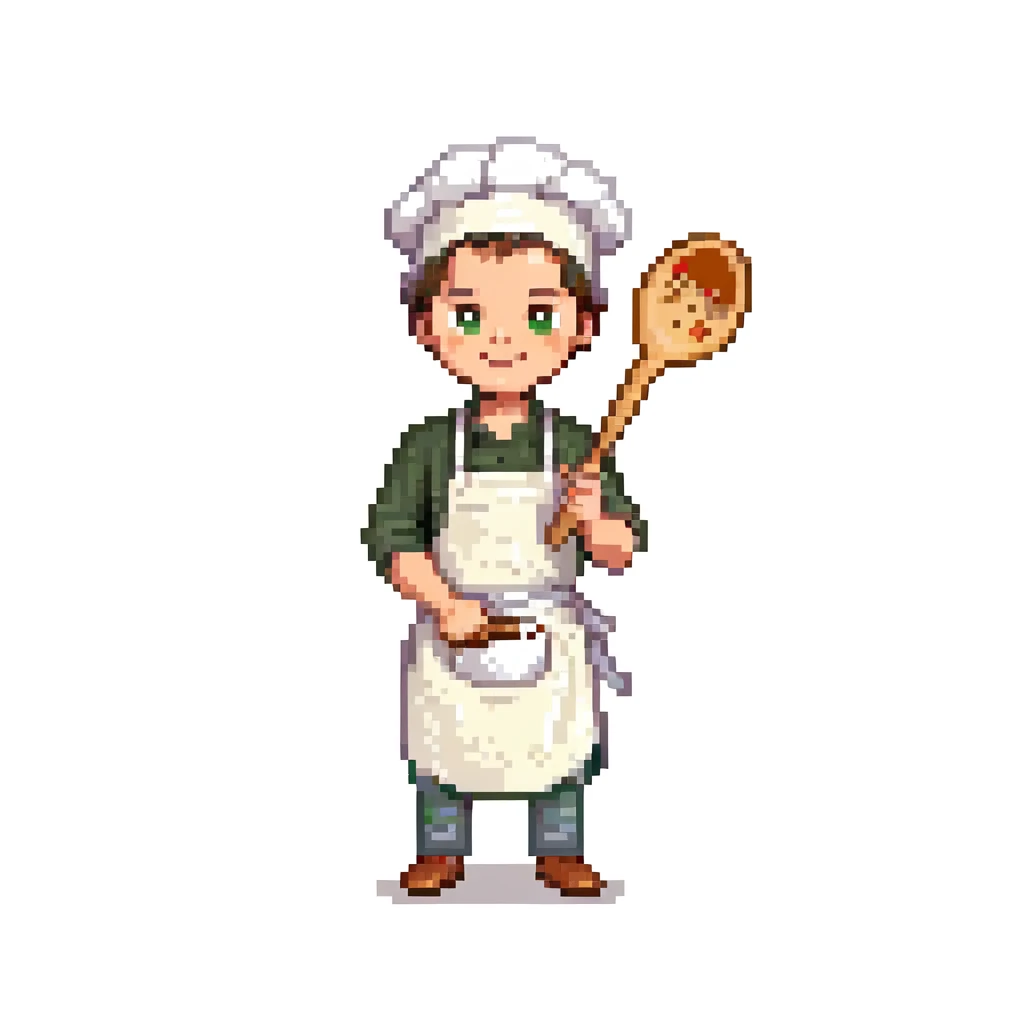 Portrait of a young baker with a simple cloth apron, flour on his hands and cheeks, holding a wooden spoon, skeuomorphism style emoji