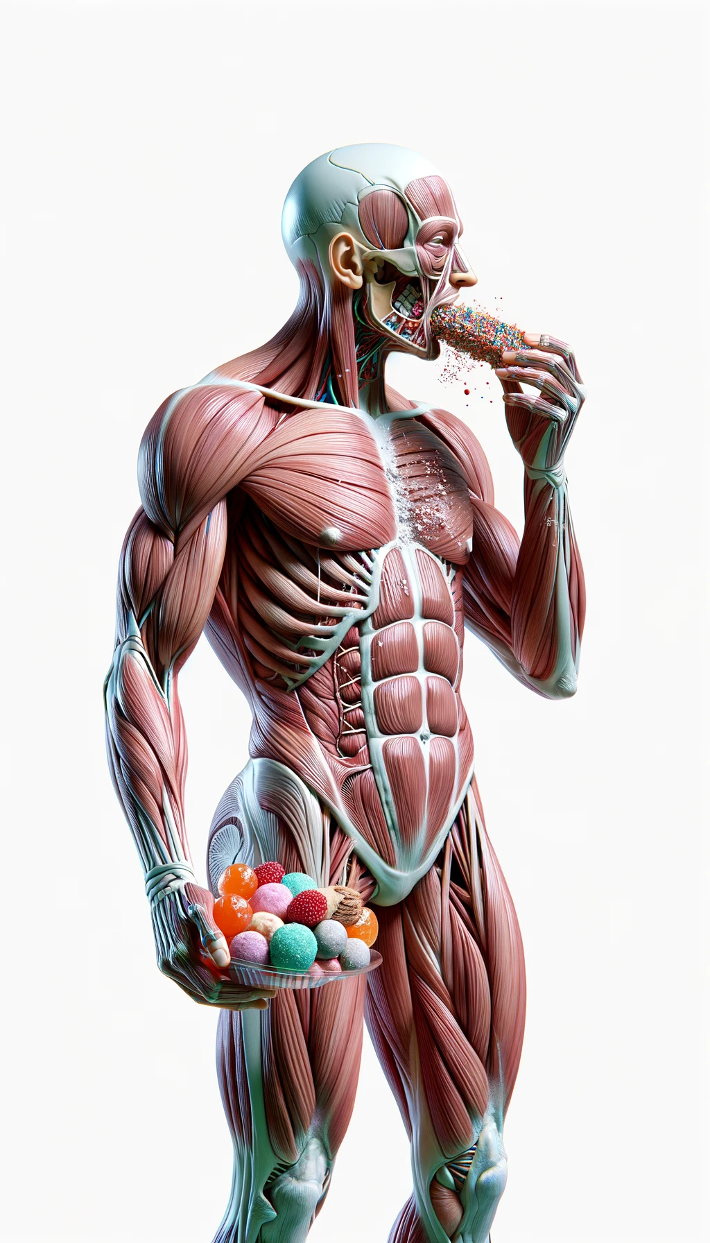 corpo umano anatomico in piedi a figura intera che si abbuffa di dolci e zuccheri, iperrealistico 4k, isolato su sfondo bianco emoji