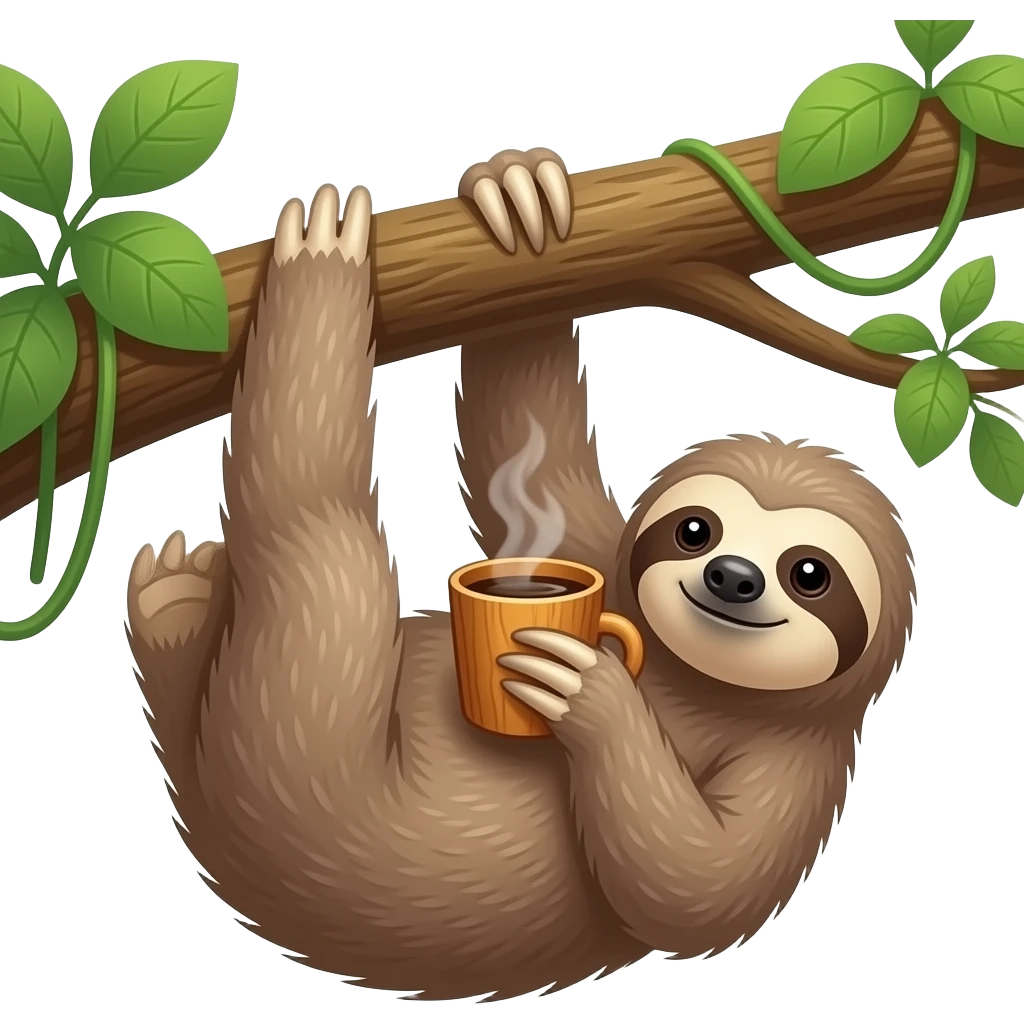 hanging sloth on big jungle tree branch drink coffee wooden cup hanging emoji