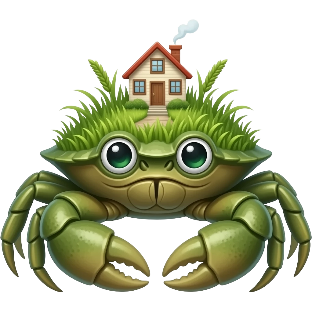 A green crab with grass on it and also with green growing eyes and with at your house on its back emoji