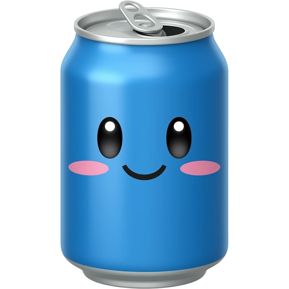 A plain blue soda can with a cute face emoji