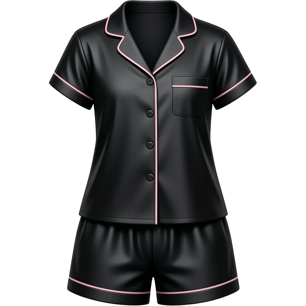 black satin female pajama top & shorts set with light pink lines emoji