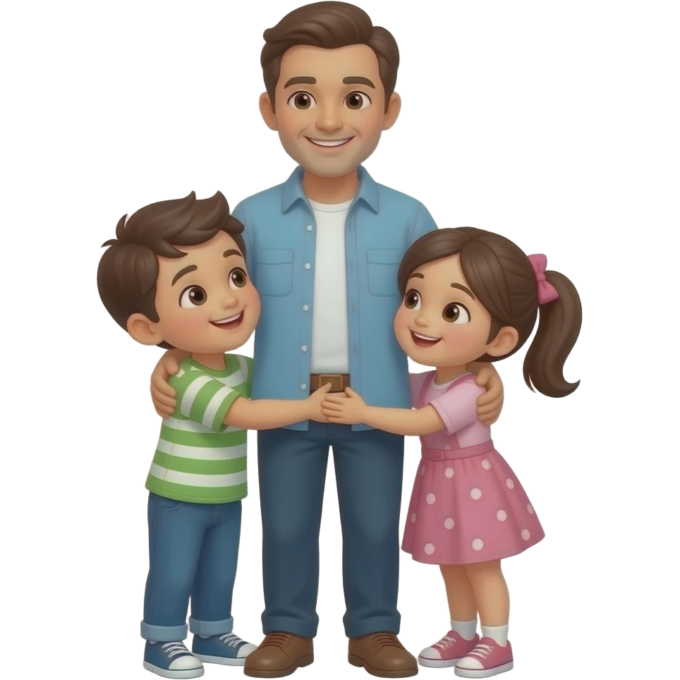hijos abrazando a su padre todo el cuerpo muy felizes mirandose entre ellos solo dos un hijo i una hija emoji