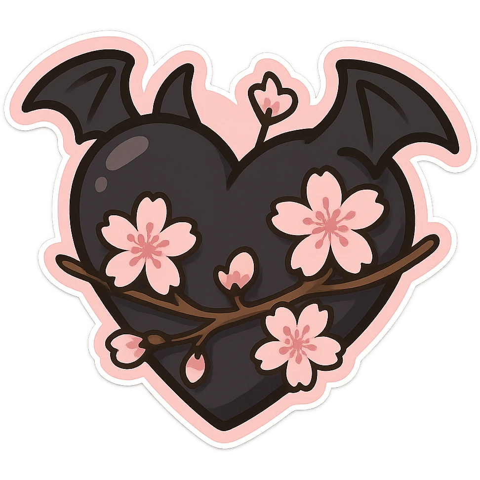 goth sakura heart, black heart with sakura branch and blossoms, pink highlights, playful and sweet emoji