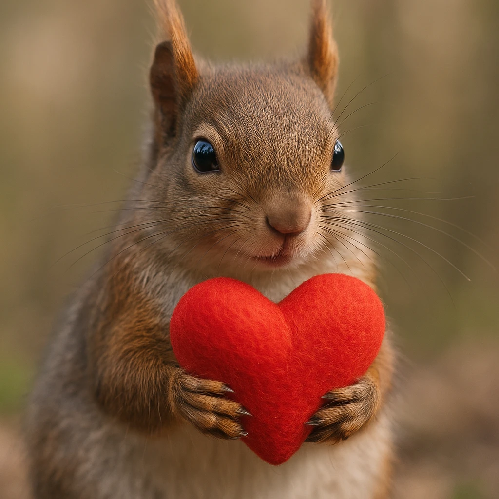 a realistic squirrel holding a heart emoji