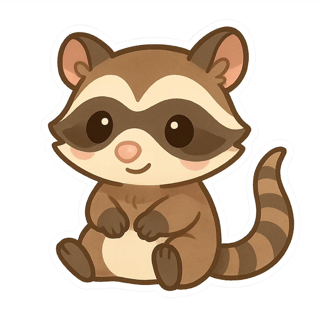 cute cartoon possum dressed up like a raccoon, chibi stickers style emoji
