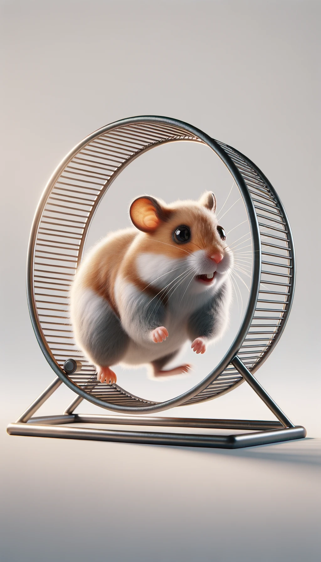 criceto stressato che corre sulla ruota, sfondo chiaro, iperrealistica 4k emoji