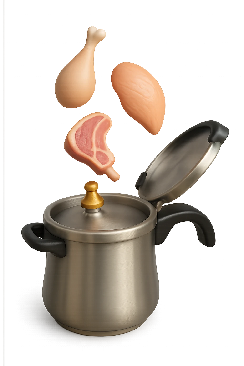 emoji stile iphone in 3d di una pentola a pressione dentro cui cadono agnello, pollo e tacchino crudi da cuocere, iperrealistico 4k emoji