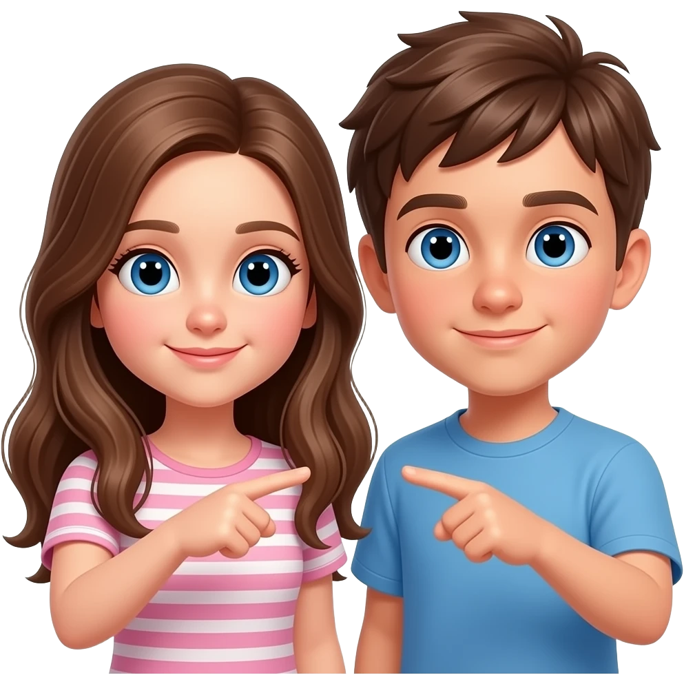 una niña i un niño señalando al mismo sitio son hermanos con ojos azules la niña tiene el pelo marron avellana i largo emoji