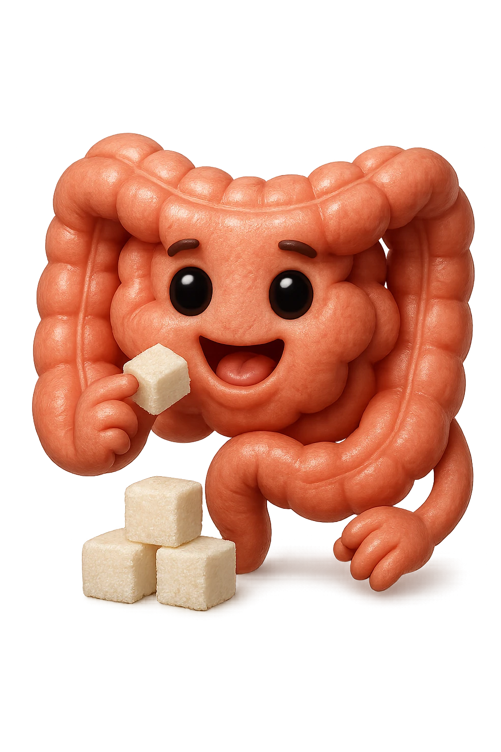 emoji stile iphone di un intestino anatomico che mangia zollette di zucchero, iperrealistico 4k, isolato su sfondo bianco emoji