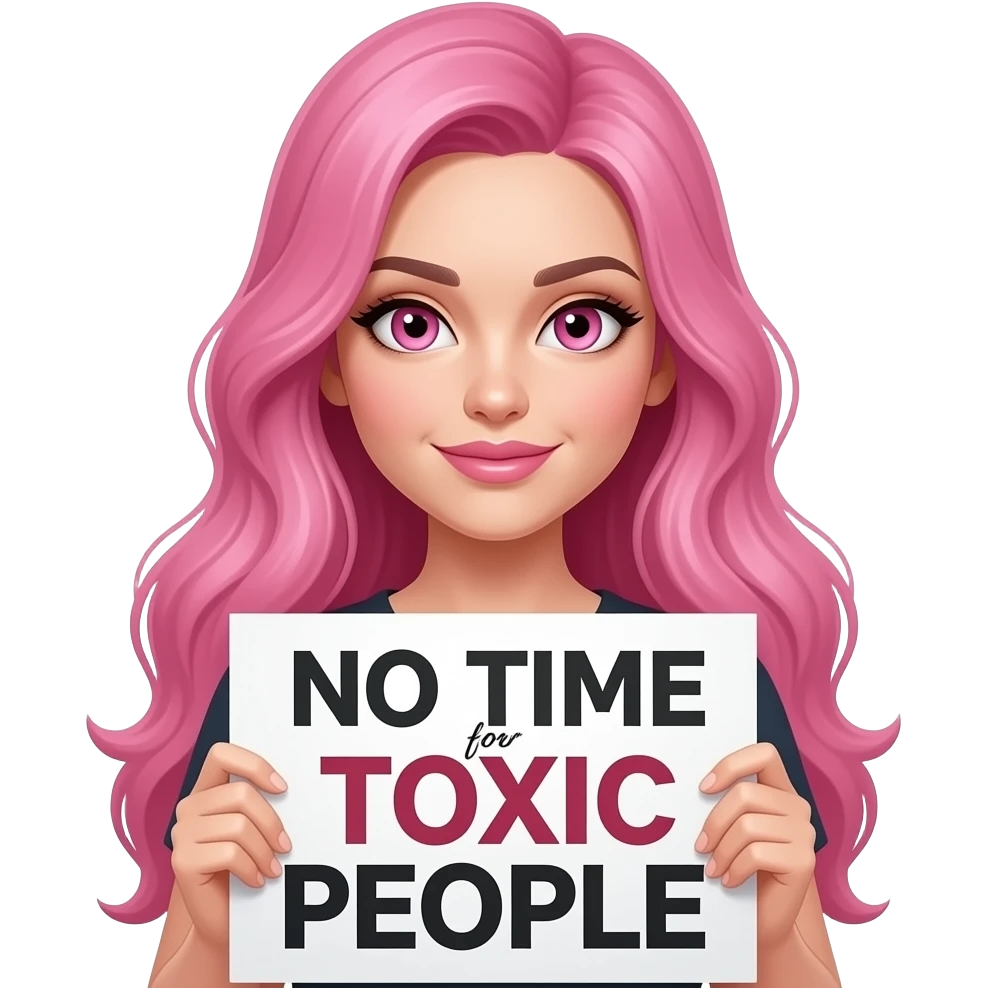 sexy girl with long pink hair and pink eyes holding a NO TIME for TOXIC PEOPLE sign emoji