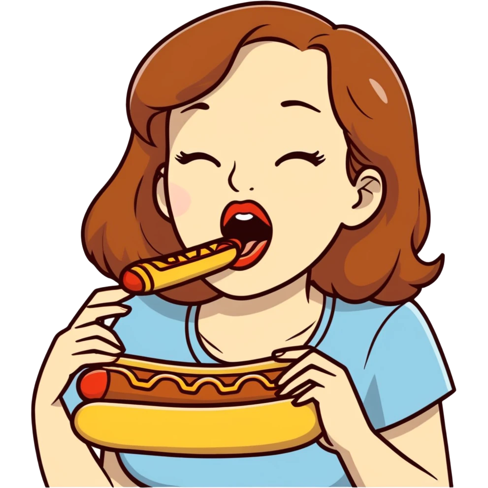 Caucasian woman with brown hair big boobs licking a hotdog emoji
