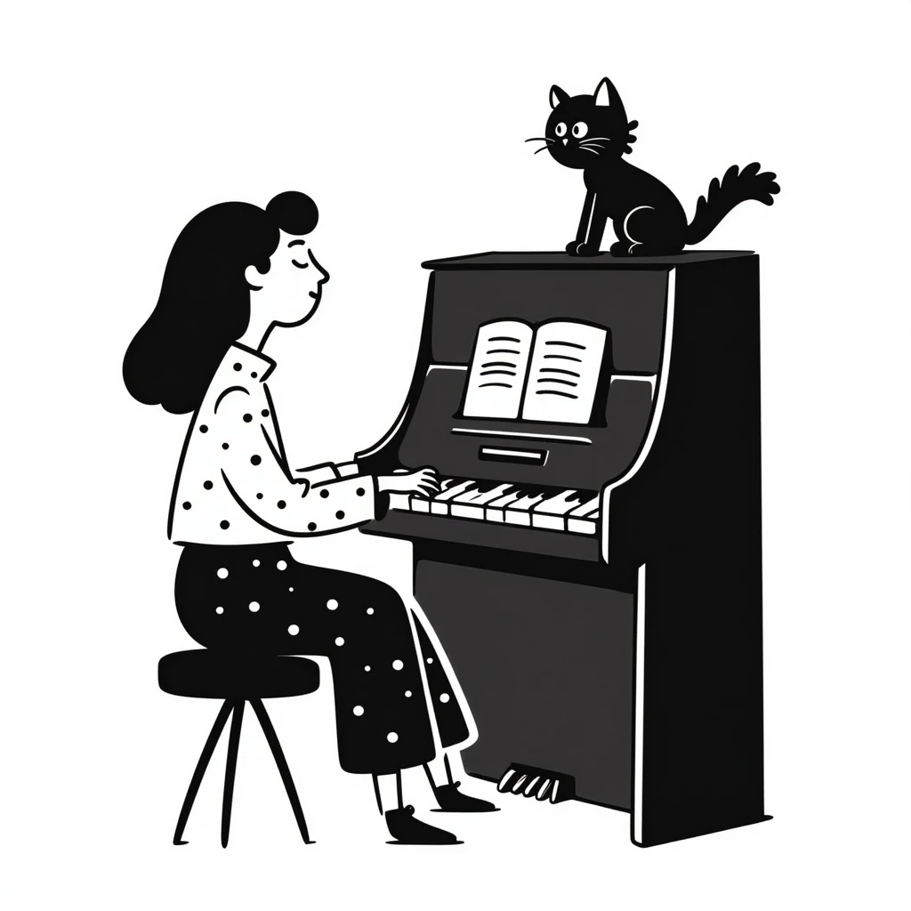 woman playing piano while her cat sits on top of the piano emoji