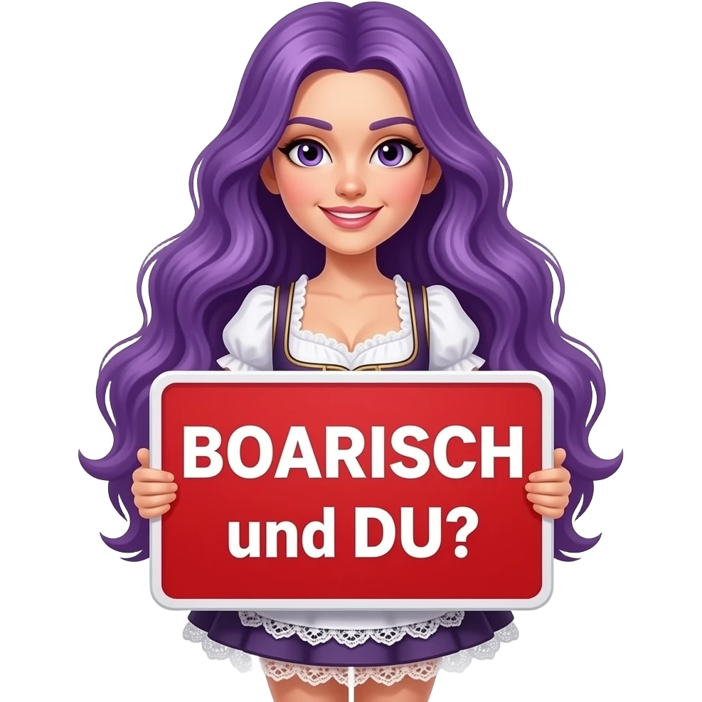 sexy girl with long purple hair and purple eyes wearing a dirndl holding a I red BOARISCH und DU? sign emoji