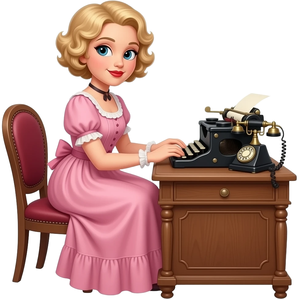 short blonde curly pixie bob hair in a 1800 pink outfit sitting down an antique desk, antique phone, and typing on an antique typewriter with red lipstick emoji