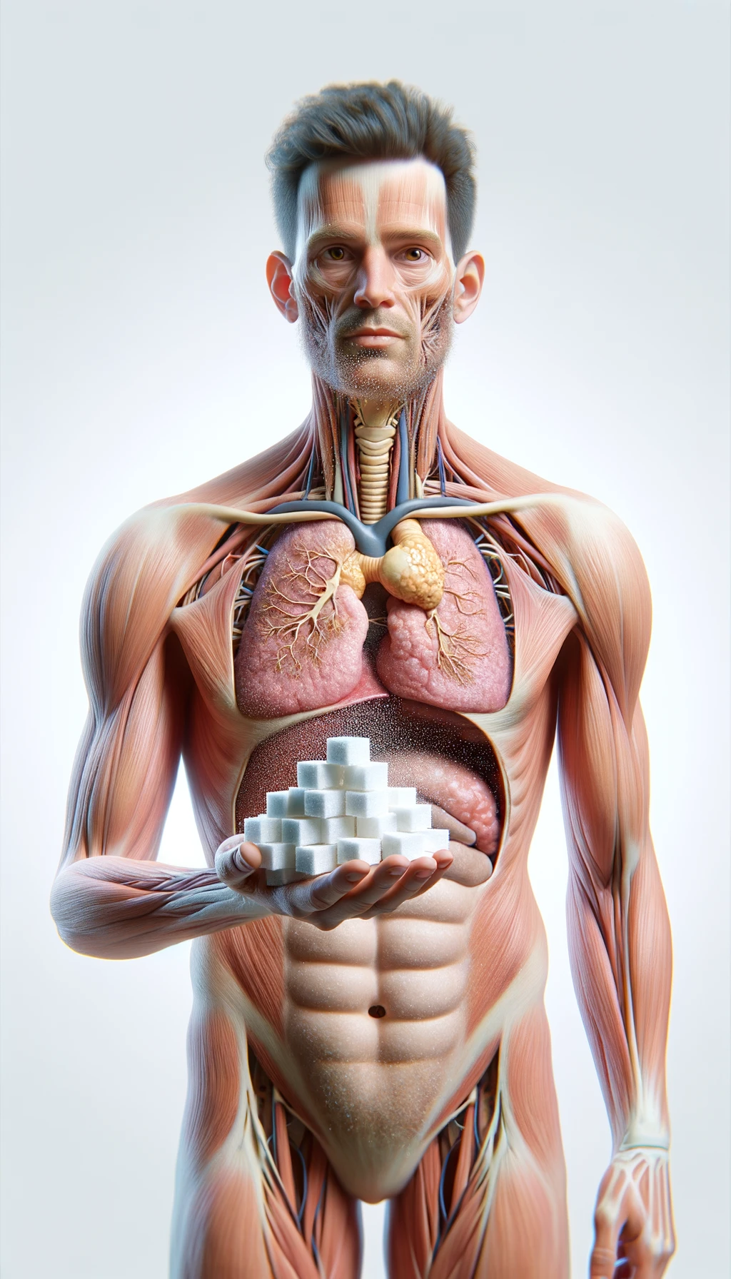 corpo umano anatomico con capelli corti a figura intera fino alle ginocchia, tiroide infiammata in evidenza, tiene in mano una manciata di zollette di zucchero, iperrealistica 4k, isolato su sfondo bianco emoji