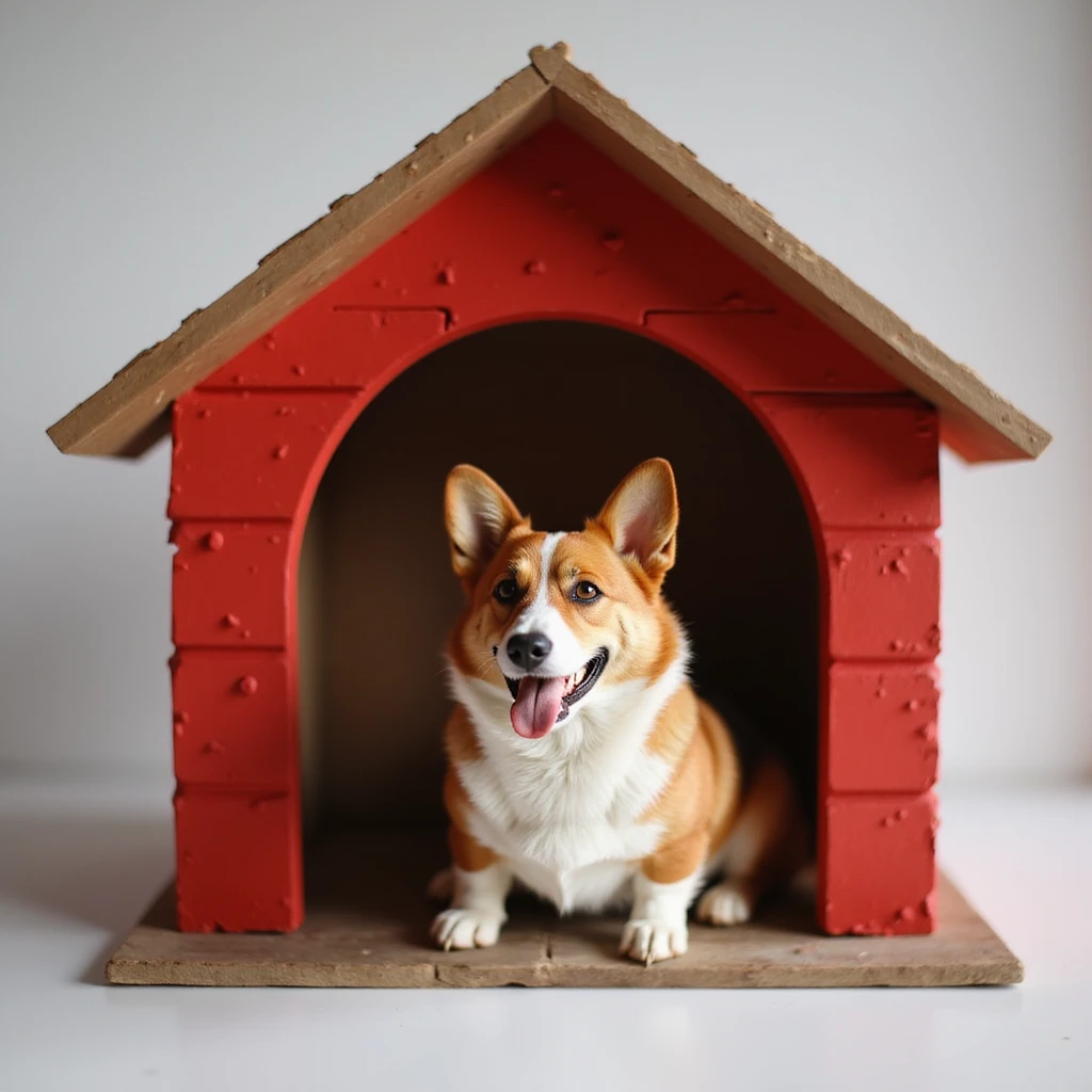 realistic red dog house with a Corgi dog inside, Corgi sitting at the entrance, photorealistic style emoji