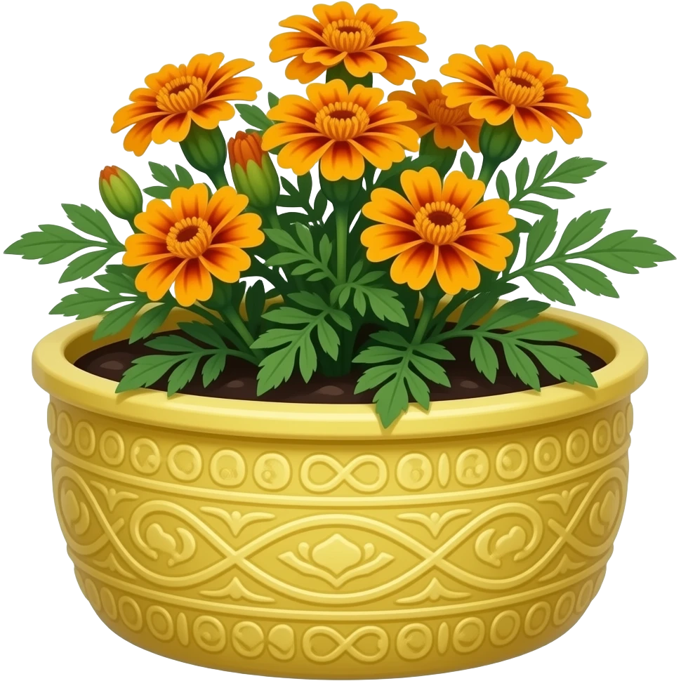 Create an elegant and decorative circular ceramic planter. The planter has a wide mouth and a low height. It is glazed yellow and contains a plant (either a marigold or glittery plant). The background is white. Illustration style: cartoon – Art Deco – 2D emoji