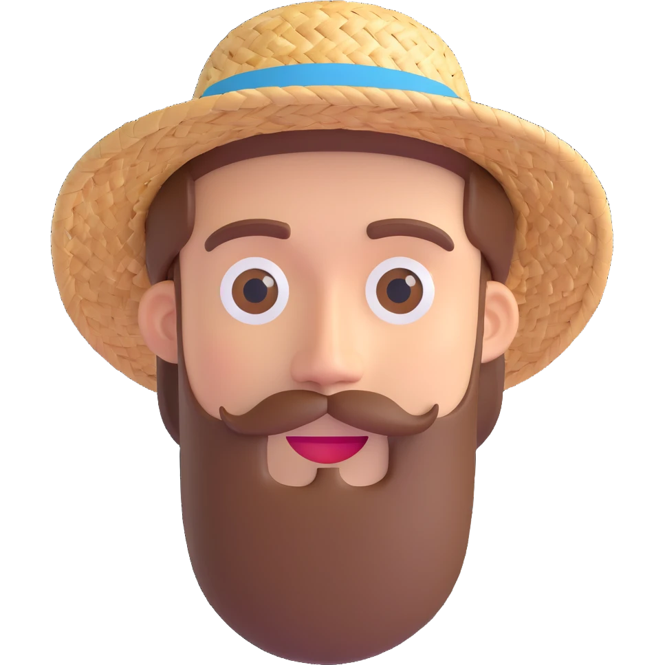 Make the bearded man look younger while keeping the straw hat and travel vibe, in 3D emoji style, with no background. emoji