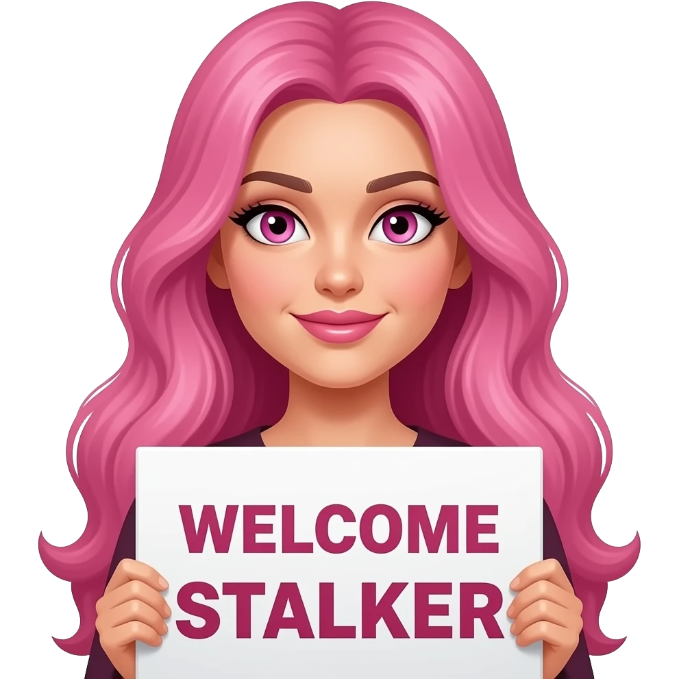 sexy girl with long pink hair and pink eyes wearing a holding a WELCOME STALKER sign emoji