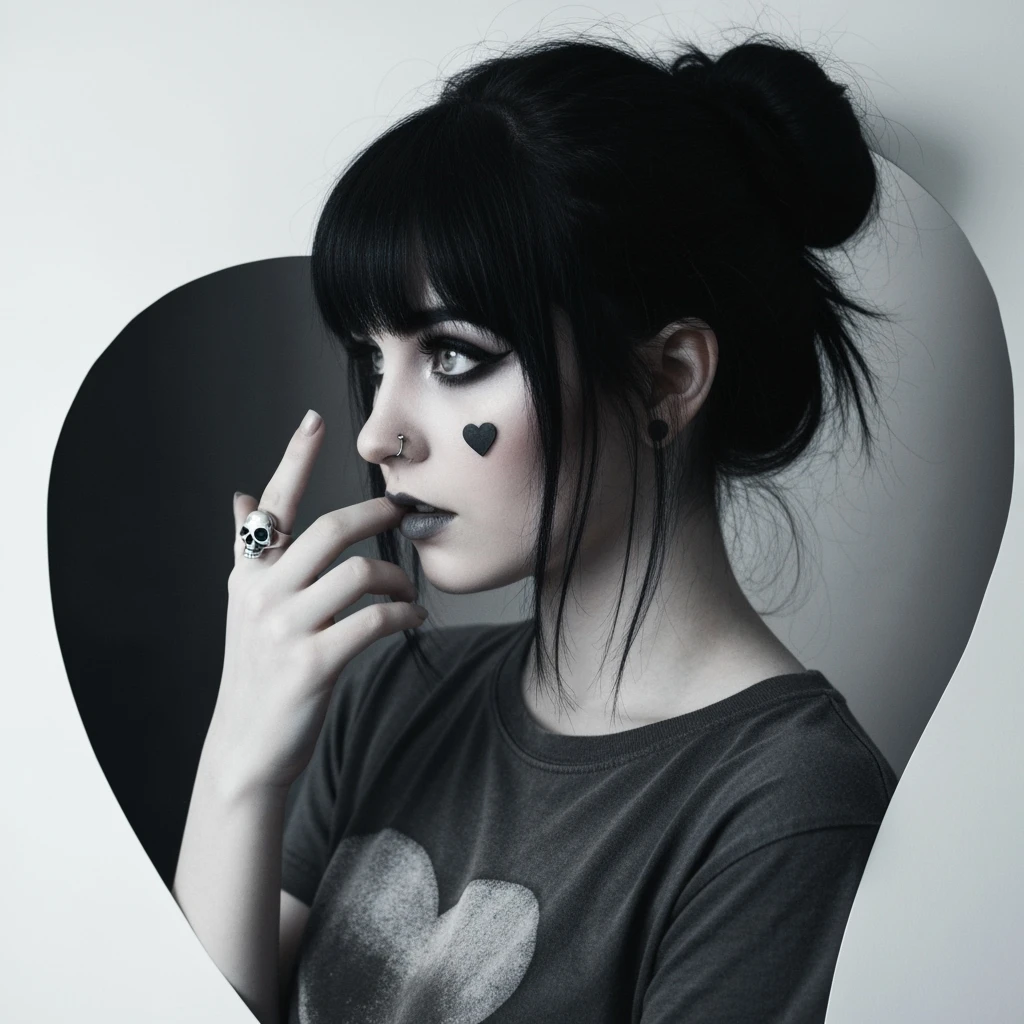 goth profile picture with a heart accent, cute, expressive, minimal, variation 4 emoji