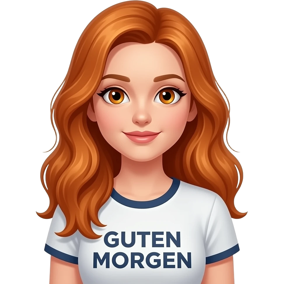 sexy girl with long ginger hair and ginger eyes a top with GUTEN MORGEN written on it emoji