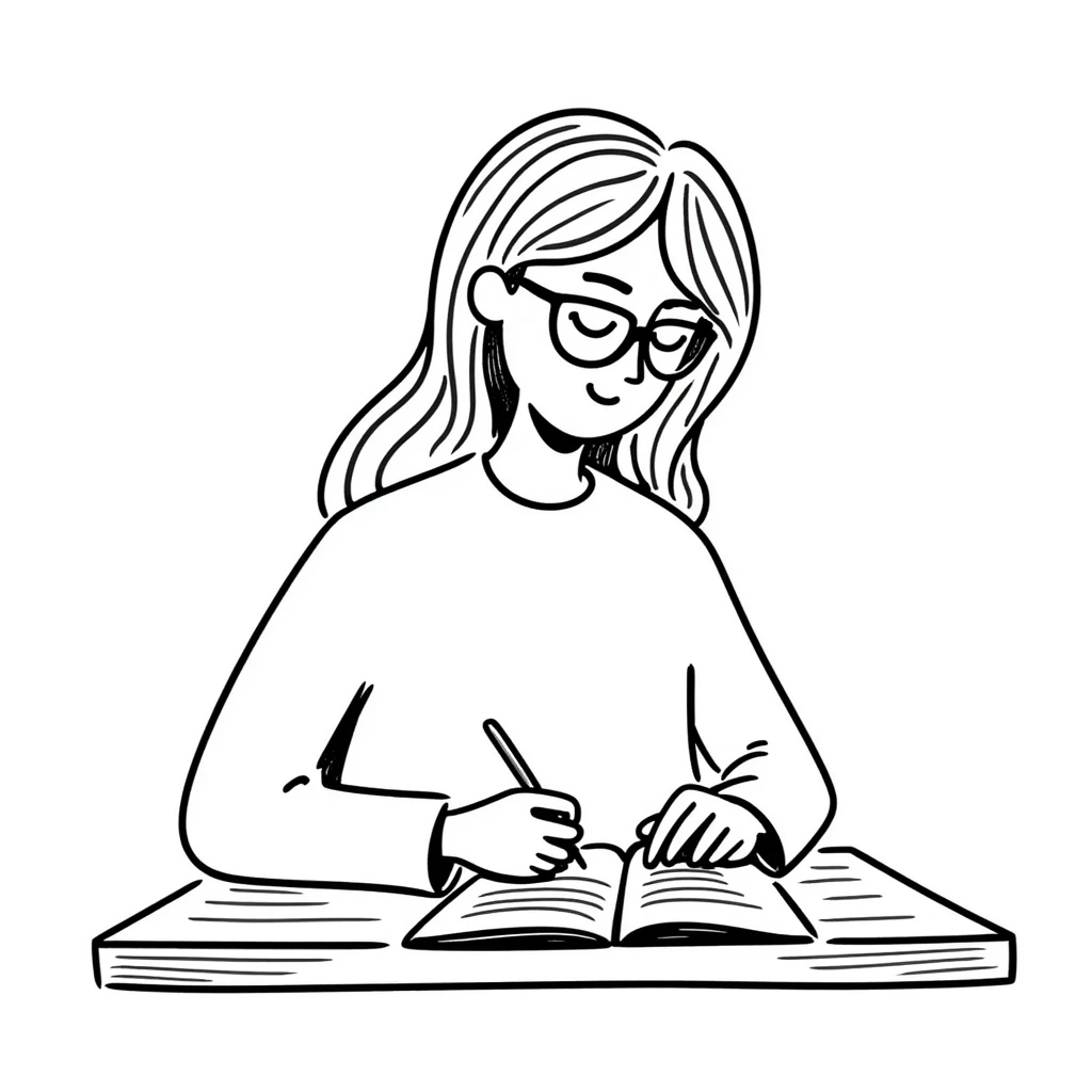 blonde woman wearing glasses, writing in a notebook emoji