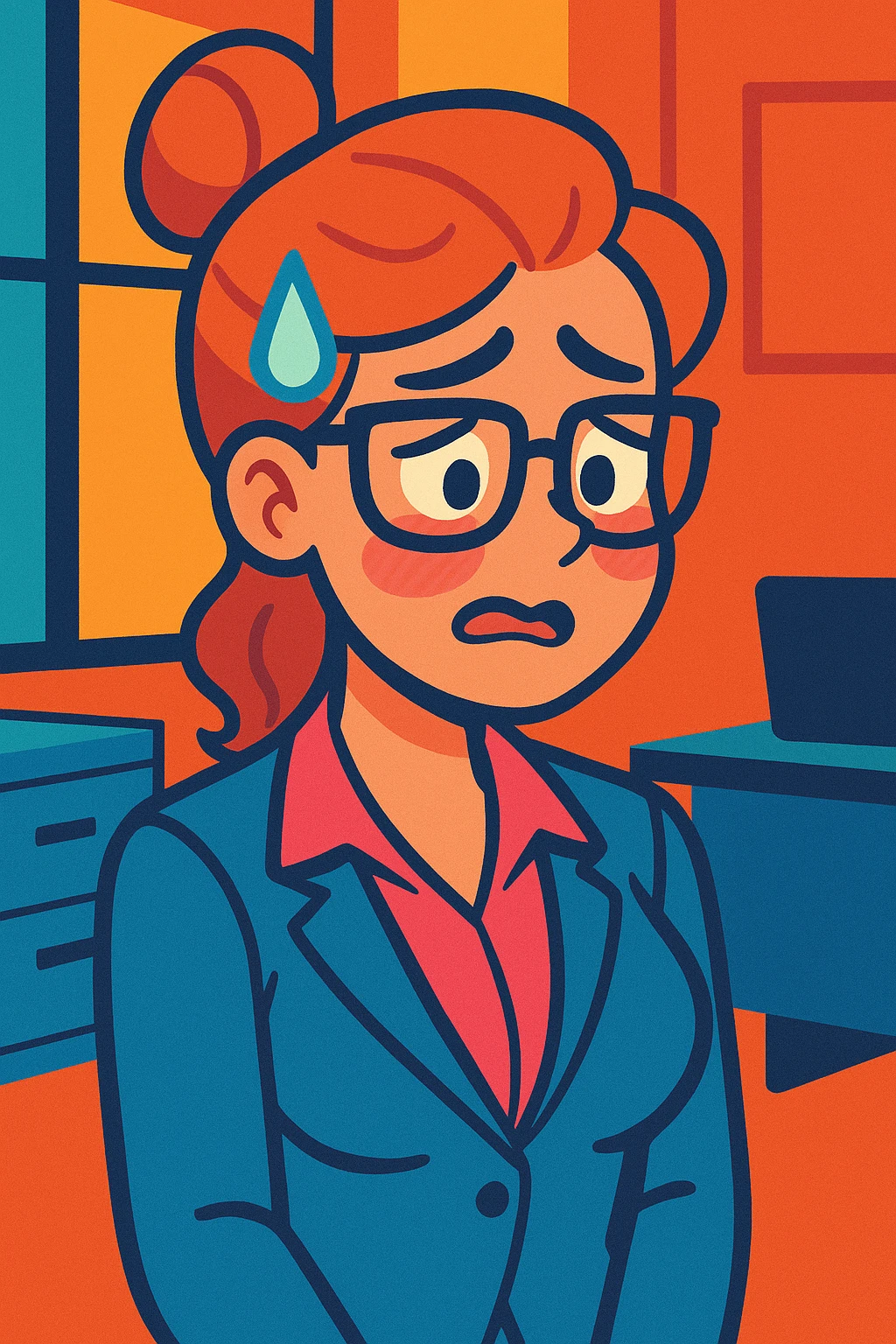a hot office woman with glasses, a sweat drop coming down from her head, and an ashamed facial expression, vibrant cartoon style emoji