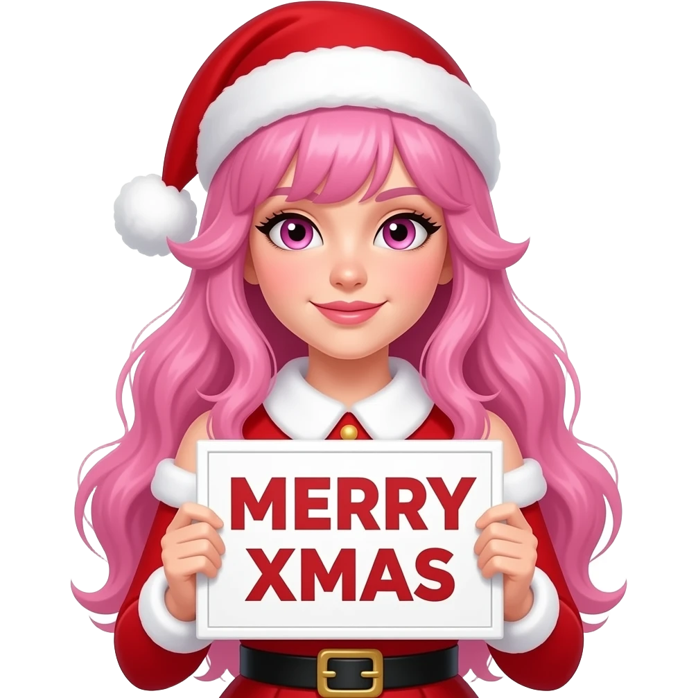 sexy girl with long pink hair and pink eyes wearing christmas dress holding a MERRY XMAS sign emoji
