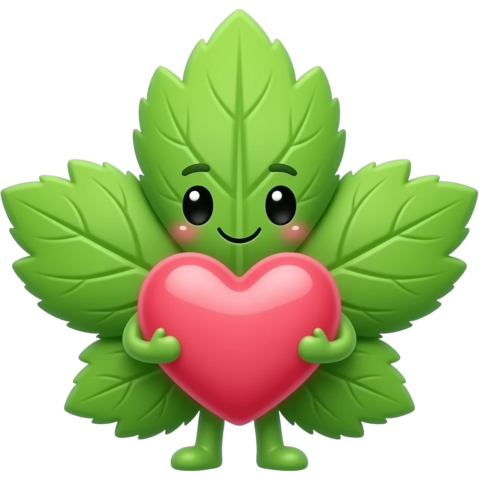 weed leaf with a cute face holding a big huge heart that he can barely carry emoji
