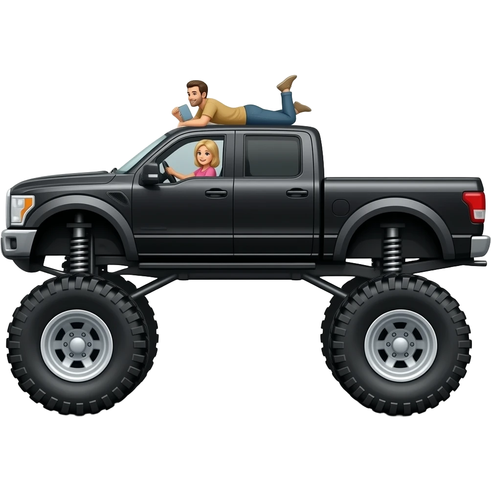 Black side view sxs 4 door Polaris ranger sxs  lifted super high with mom (blonde) and driving  and dad laying on top of roof  on his belly playing emoji