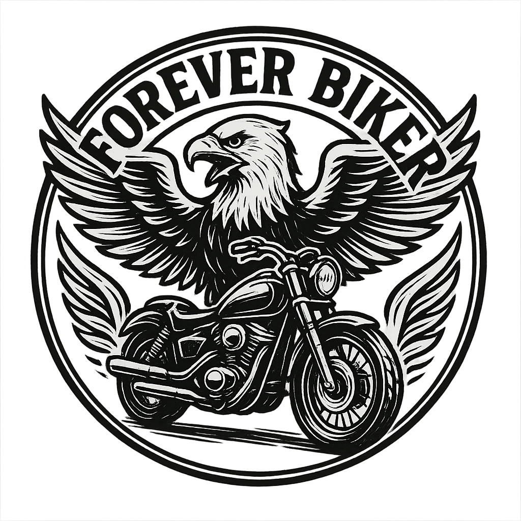 circular transparent background design for motorcycle cap, text 'FOREVER BIKER', motif: eagle, motorcycle, wing, American style emoji