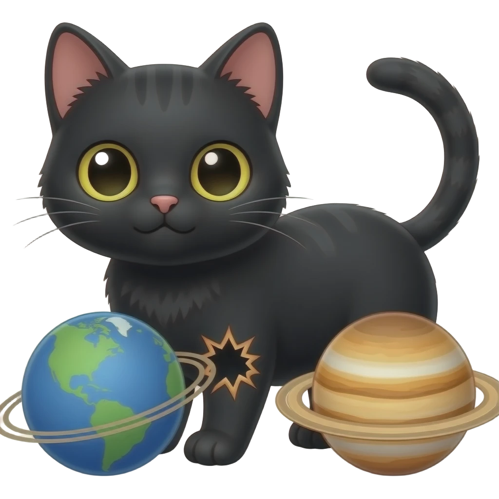 Um gato bem bem bem bem bem bem bem bem fofinho Preto está destruindo dois universos Júpiter e Vênus emoji