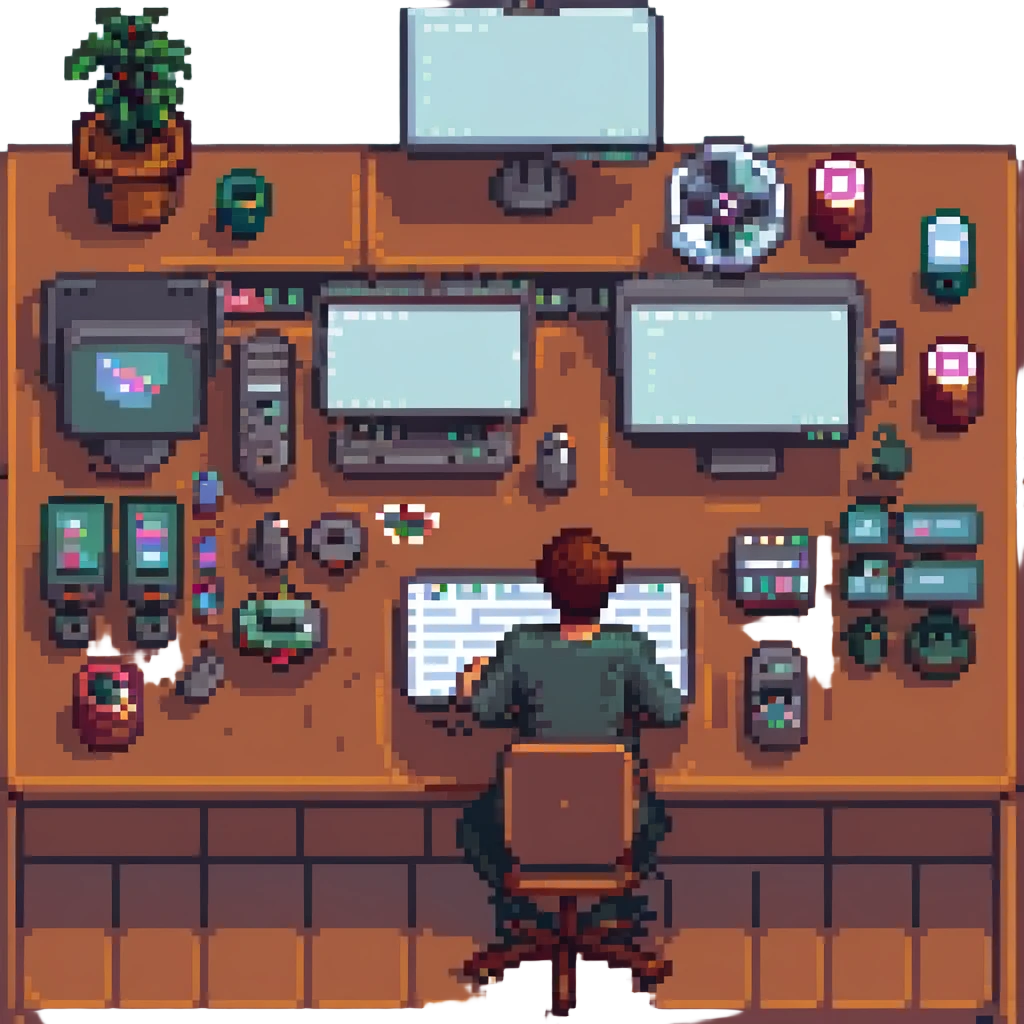 a man at a table, surrounded by video editing tools, pixel art style emoji