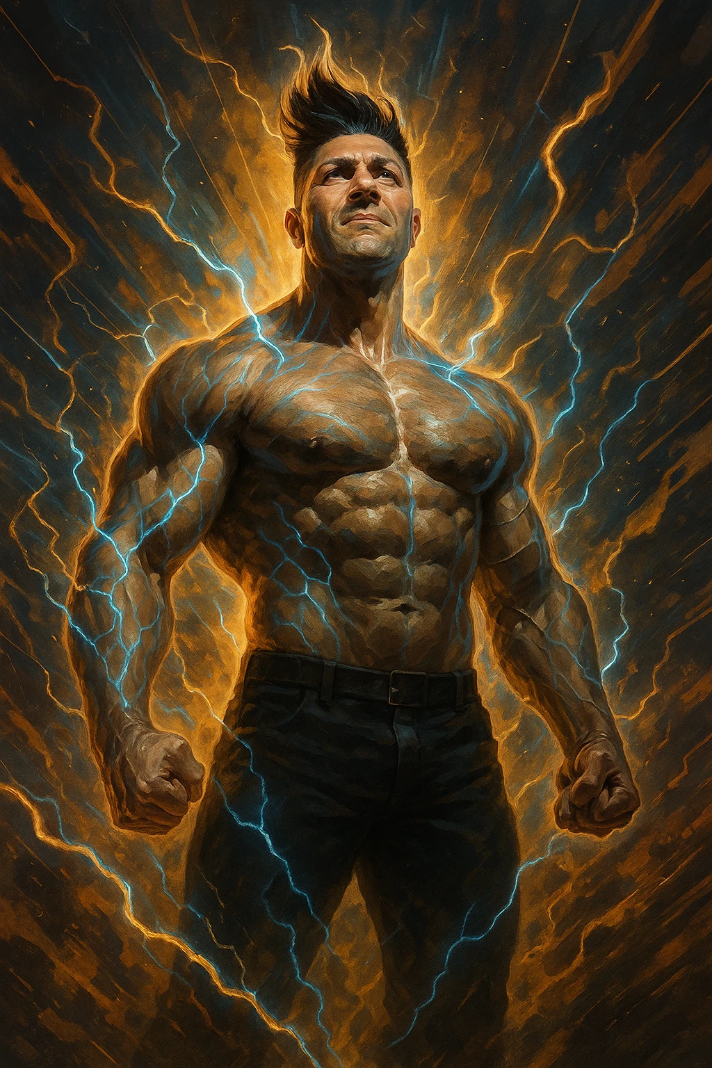 cinematic a man with a chiseled physique and wild, upward hair stands center stage, fists clenched and chest out. A radiant, electric aura envelops him, with energy lines and glowing effects highlighting his strength and masculinity. His face shows determination and pride, and the background features explosive, dynamic patterns. emoji