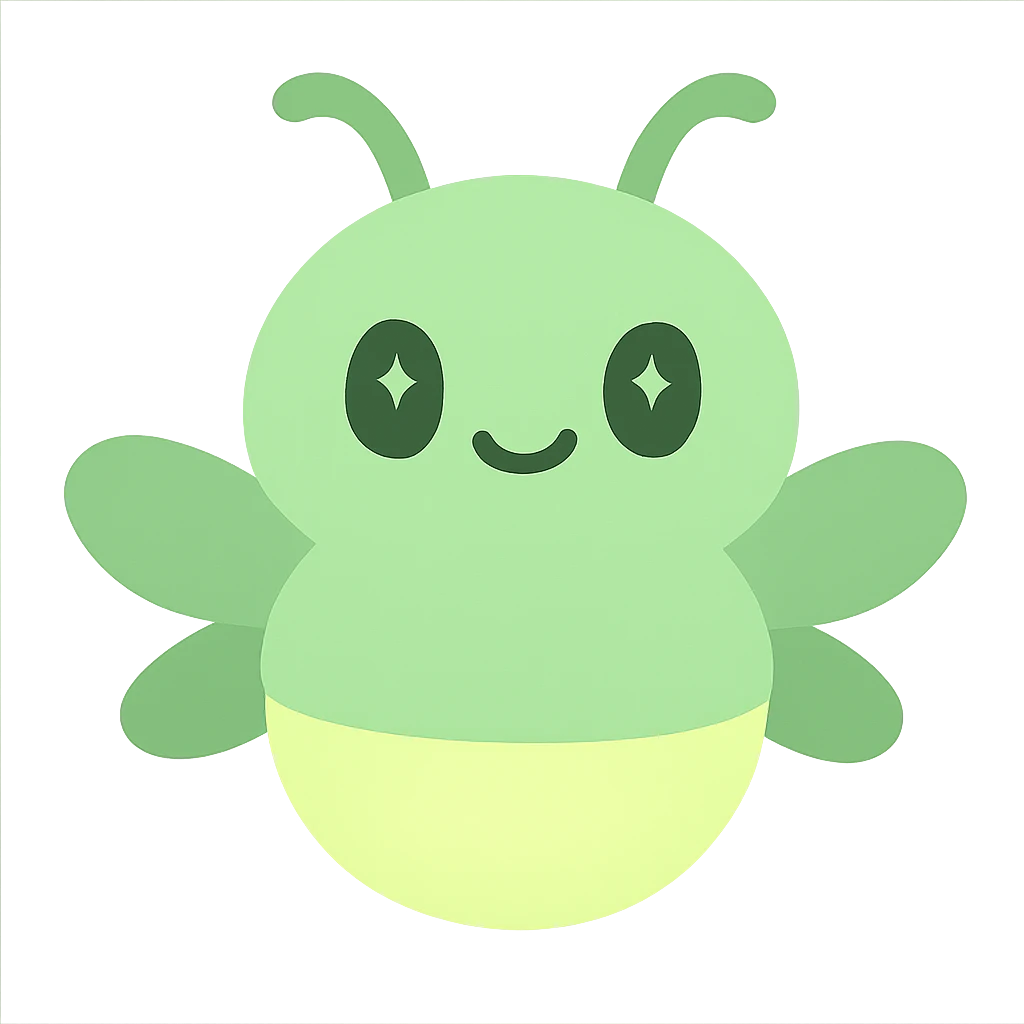 a green glow bug, glowing, simple, cute emoji