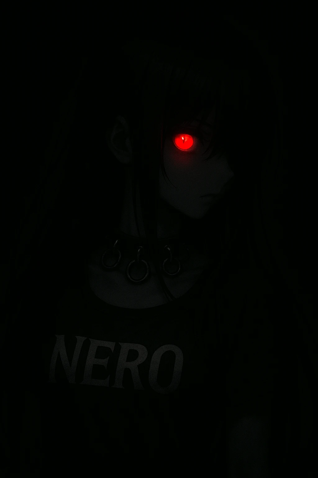 In a pitch-black setting, a mysterious anime girl with black hair covering her face turns right. Her left eye glows crimson, radiating menace. She wears a dark leather necklace with metal rings, and 'NERO' is sharply inscribed on her dress. emoji