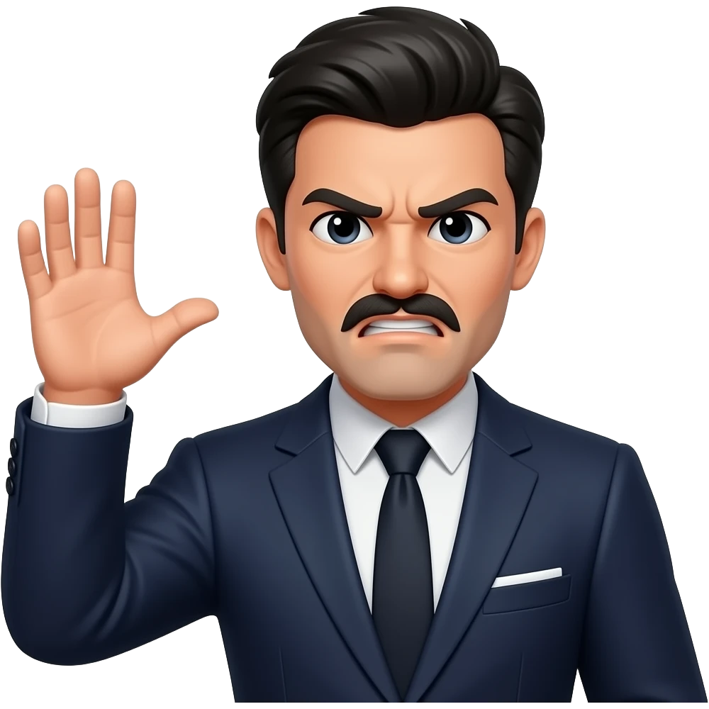 White man with black hair and small mustache right under is nose and only under no around in length wearing a suit with his hand up and make him look frustrated emoji