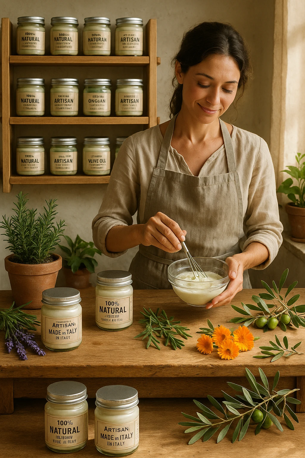 A realistic, high-quality photo of a small artisan skincare laboratory in Italy, with wooden shelves displaying beautifully packaged glass jars of natural creams made with herbal and botanical extracts, olive oil, and essential oils, clearly labeled ‘100% Natural’ and ‘Artisan Made in Italy’. The scene includes a bright, sunlit rustic workspace with plants, fresh lavender, rosemary, calendula flowers, and olive branches on the wooden counter, symbolizing purity and nature. A female artisan in a linen apron is carefully mixing creams in a glass bowl, smiling softly. The environment feels warm, authentic, and eco-friendly, emphasizing the concept of handcrafted skincare without synthetic chemicals in italiano emoji