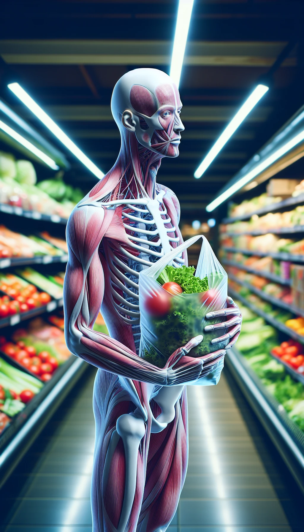 corpo umano anatomico in un supermercato che tiene in mano una busta di insalata di plastica, supermercato sfocato sullo sfondo emoji