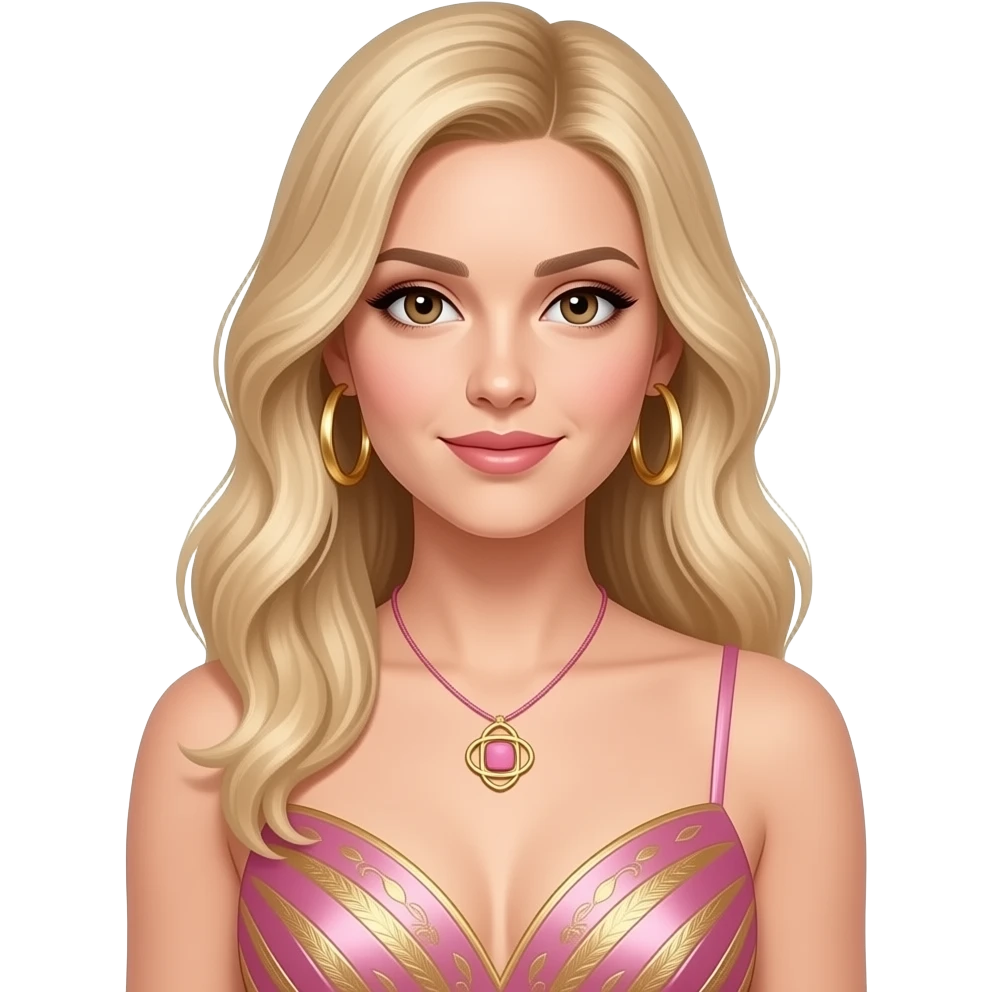 A blond hair brown eyes women and a super elegant, pink and gold dress with hoop, gold earrings and a Kendra Scott pink necklace emoji