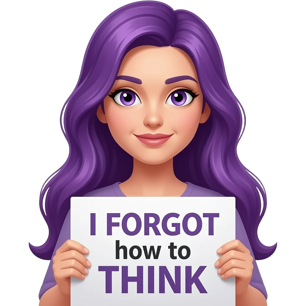 sexy girl with long purple hair and purple eyes holding a I FORGOT how to THINKsign emoji