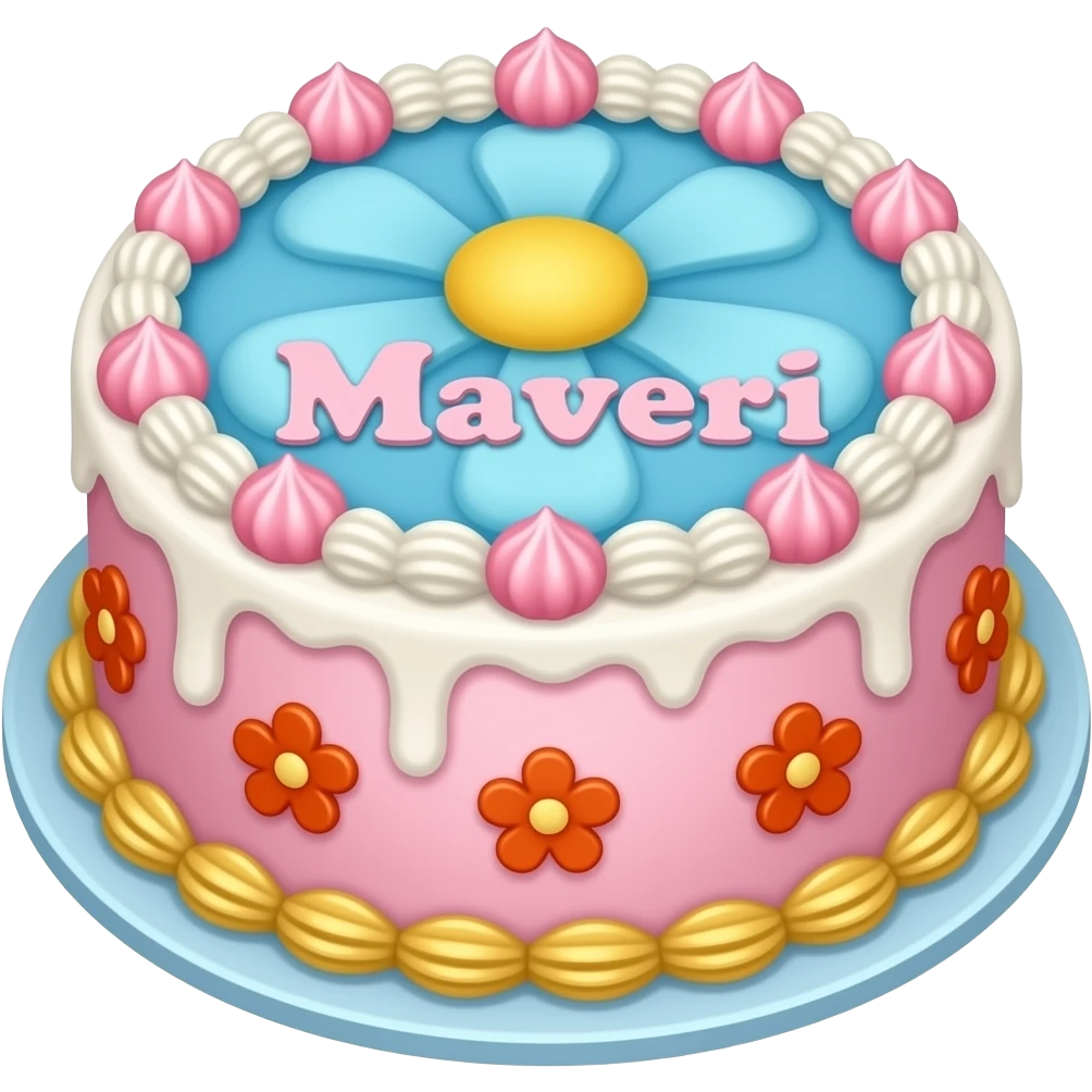 A pink and blue flower pastry with the name Maveri on it and the whole cake is based off a island emoji