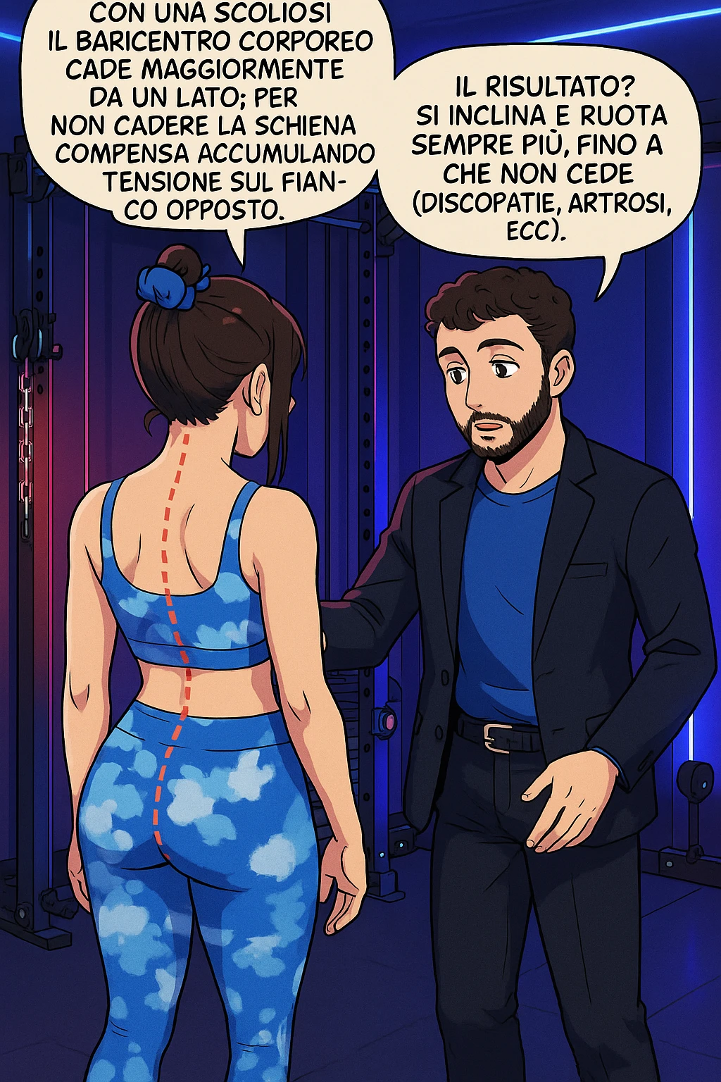 fai questa immagine in versione manga/webtoon a colori, il manga mostra la donna di spalle, mentre l'uomo le tocca la spina dorsale per spiegarle come funziona la scoliosi:
Con una scoliosi il baricentro corporeo cade maggiormente da un lato; per non cadere la schiena compensa accumulando tensione sul fianco opposto.
Il risultato? Si inclina e ruota sempre più, fino a che non cede (discopatie, artrosi, ecc) emoji
