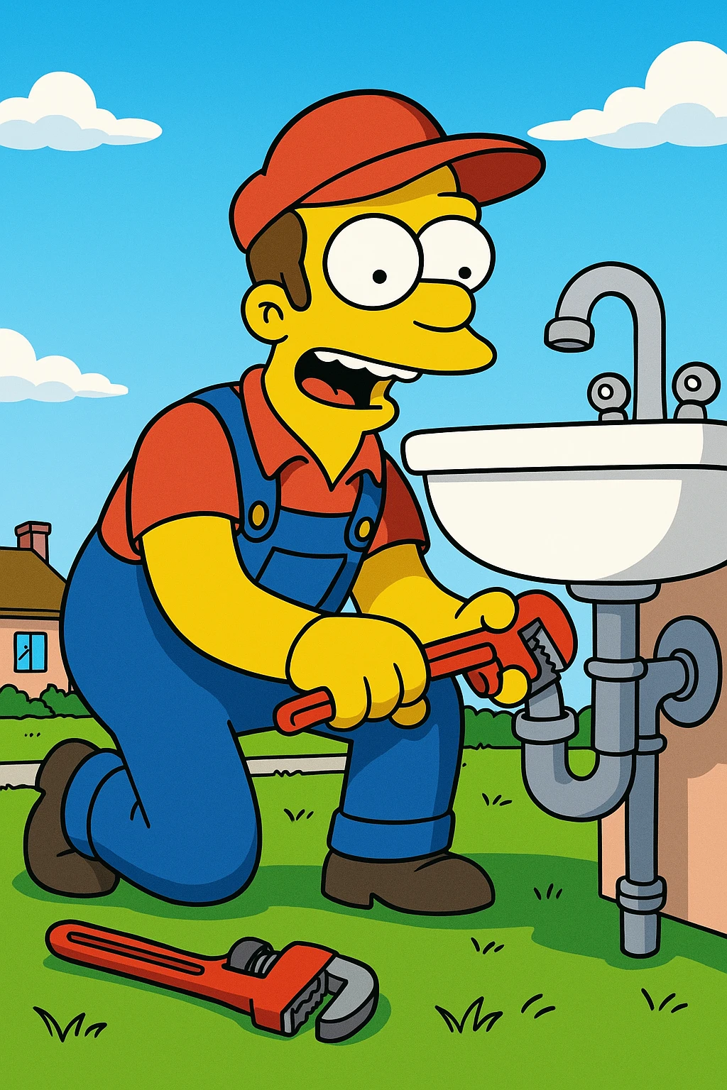 Simpsons-style plumber fixing a sink, yellow skin, blue overalls, red cap, exaggerated cartoon features emoji