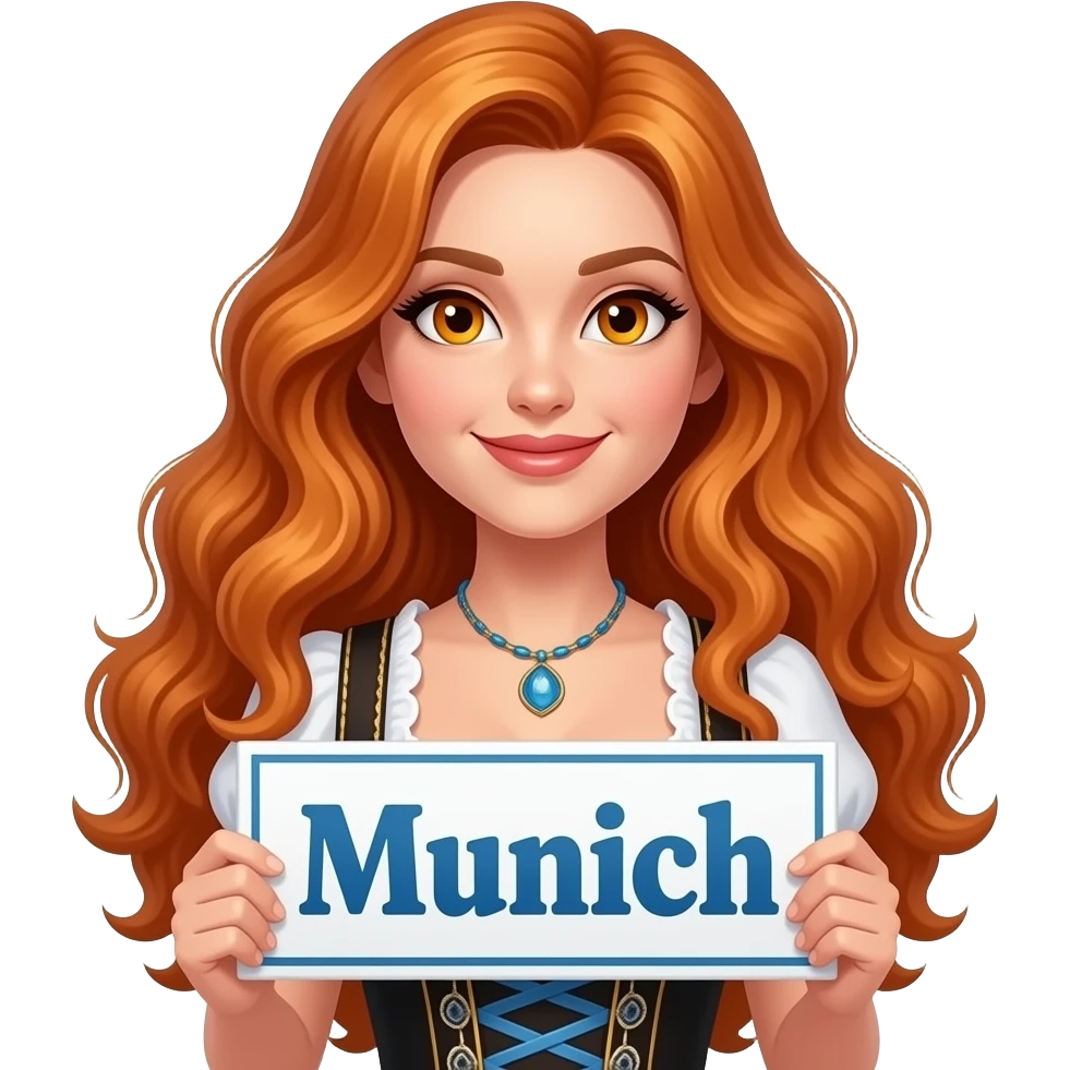 sexy girl with long curvy ginger hair and ginger eyes wearing a dirndl is holding a MÜNCHN sign emoji