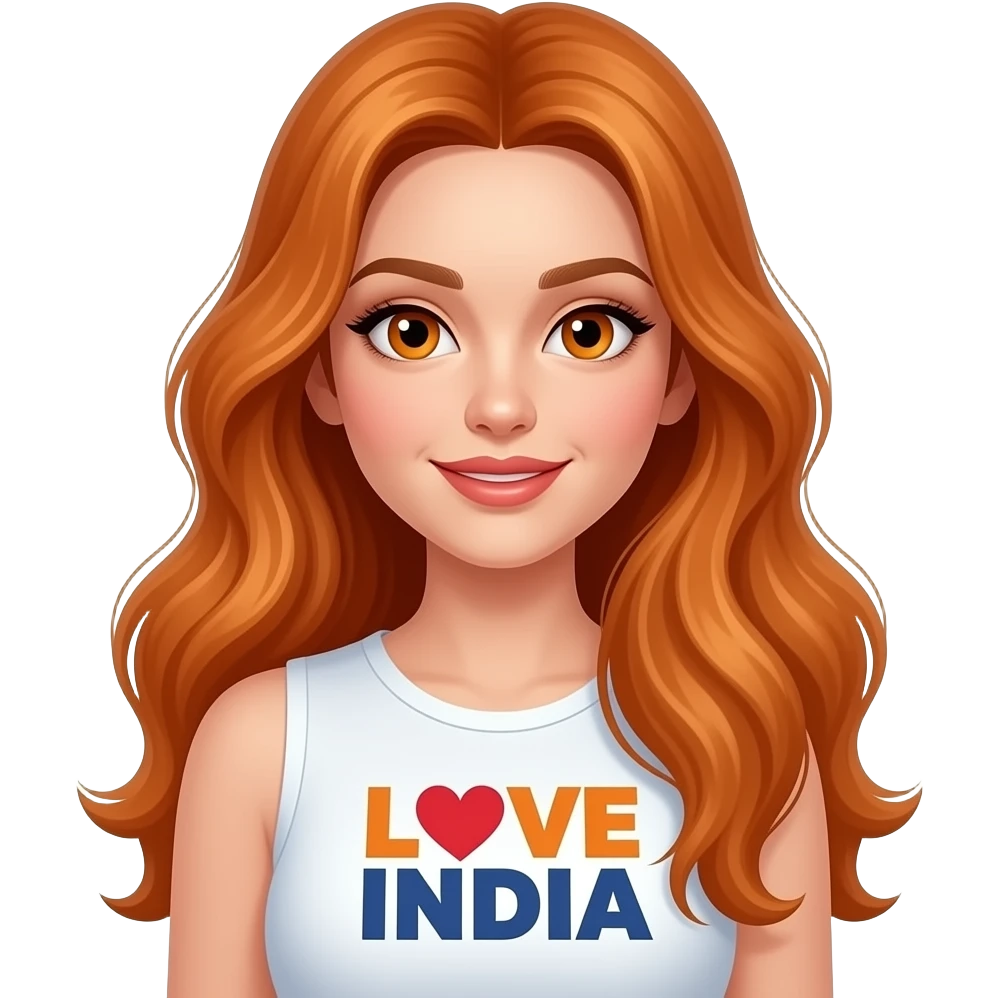 sexy girl with long ginger hair and ginger eyes a top with LOVE INDIA written on it emoji