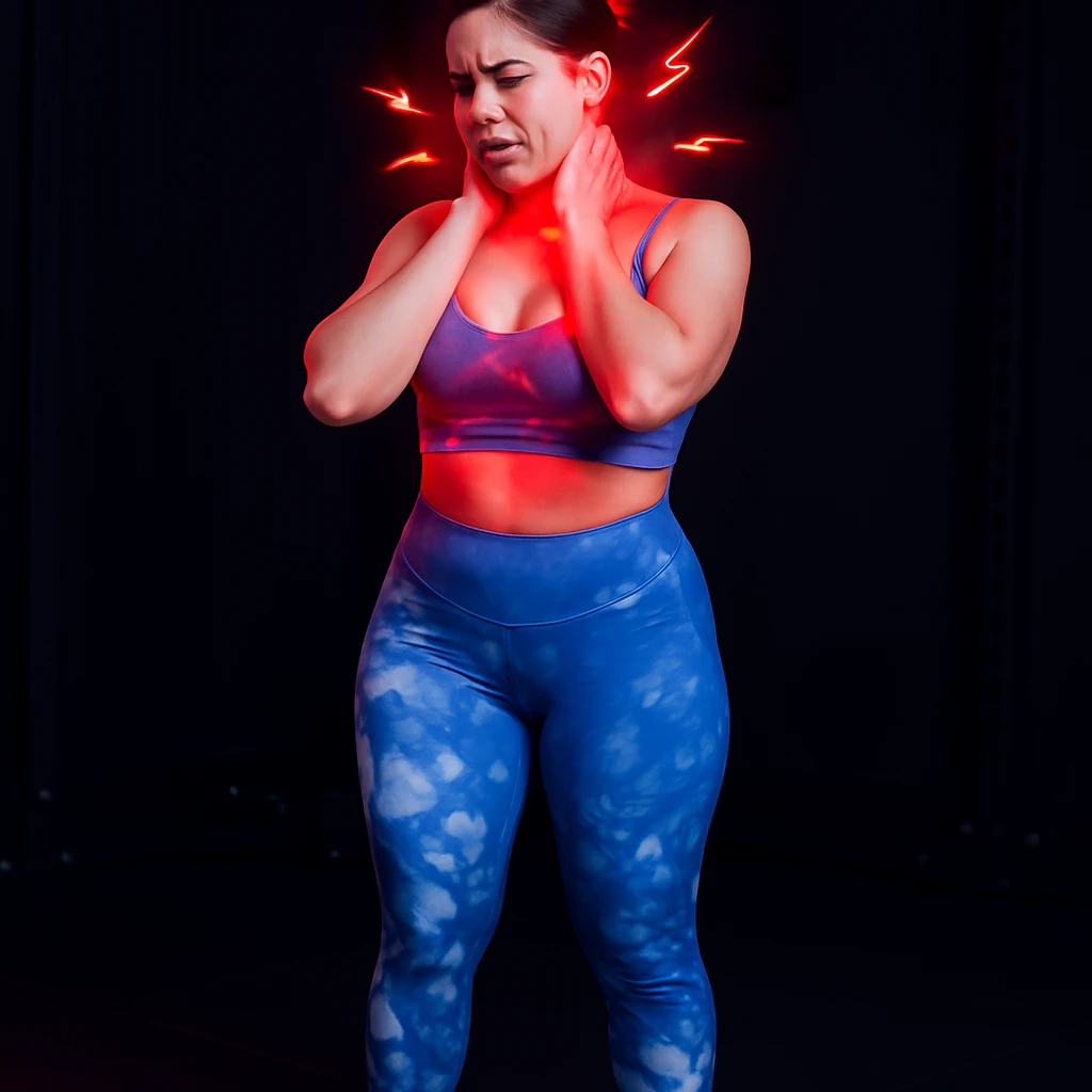 Realistic style edit of the girl identical to the photo with both hands on the neck, face contracted in pain, pain symbols like red lights and lightning on neck and head. emoji